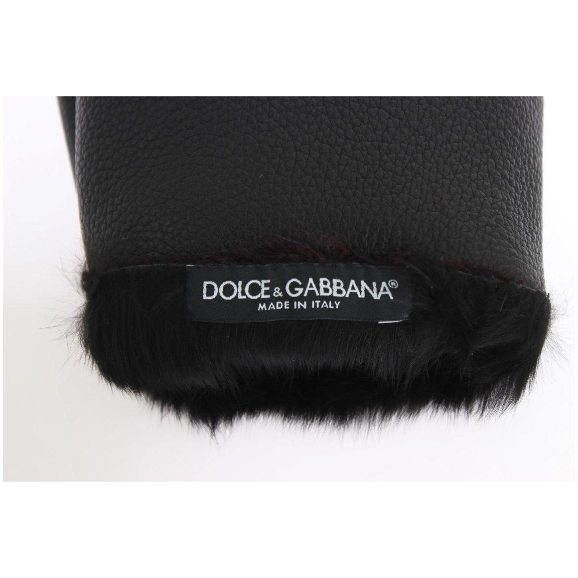 Dolce & Gabbana Black Leather Bordeaux Shearling Gloves LB107-3