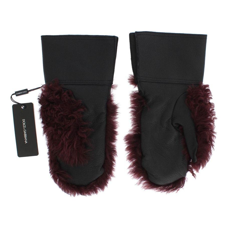 Dolce & Gabbana Black Leather Bordeaux Shearling Gloves LB107-3
