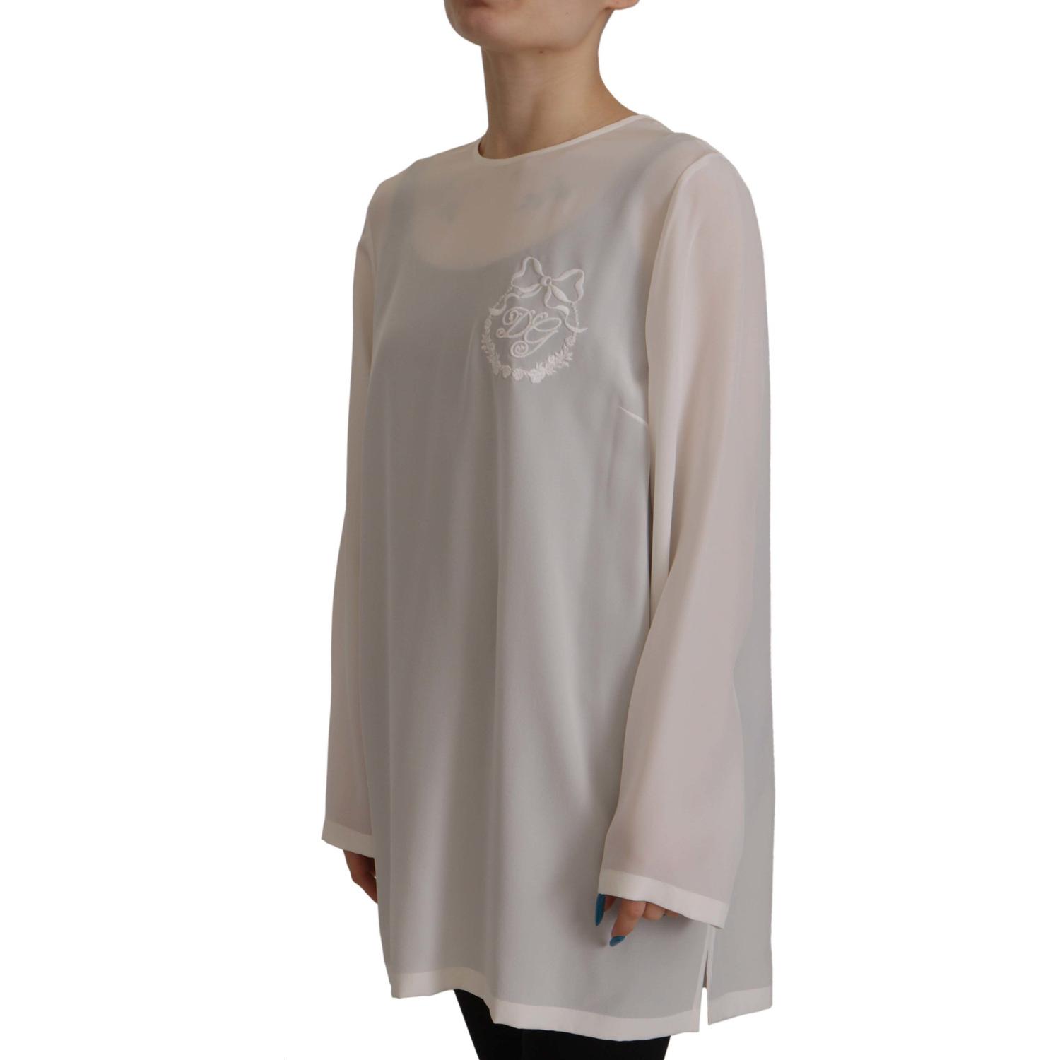 Dolce & Gabbana White Silk DG Logo Embroidered Long Sleeves Blouse