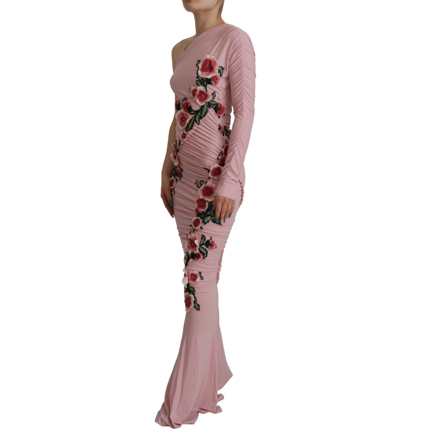 Dolce & Gabbana Pink Flower Embellished One Shoulder Dress