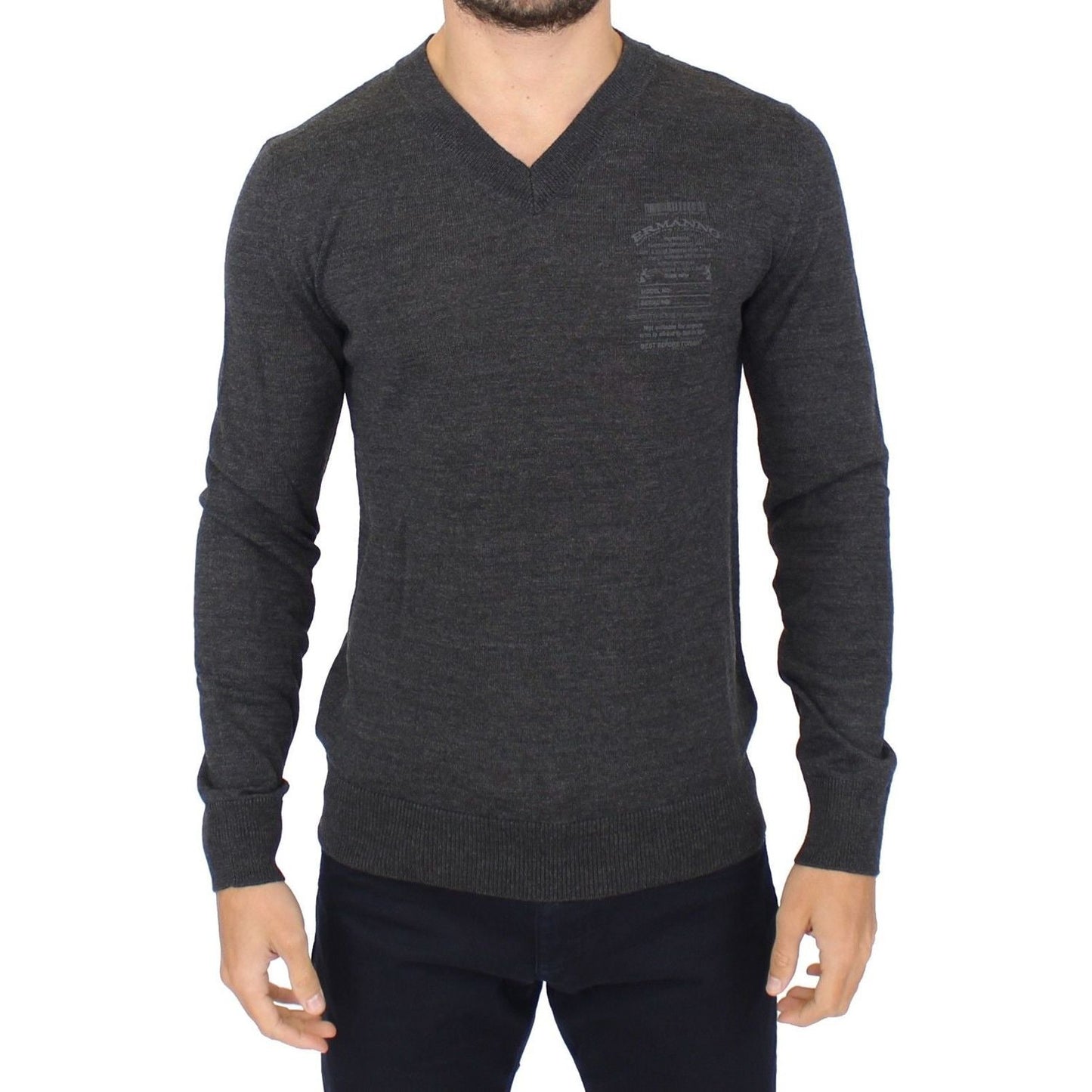 Ermanno Scervino Gray Wool Blend V-neck Pullover Sweater Ermanno Scervino