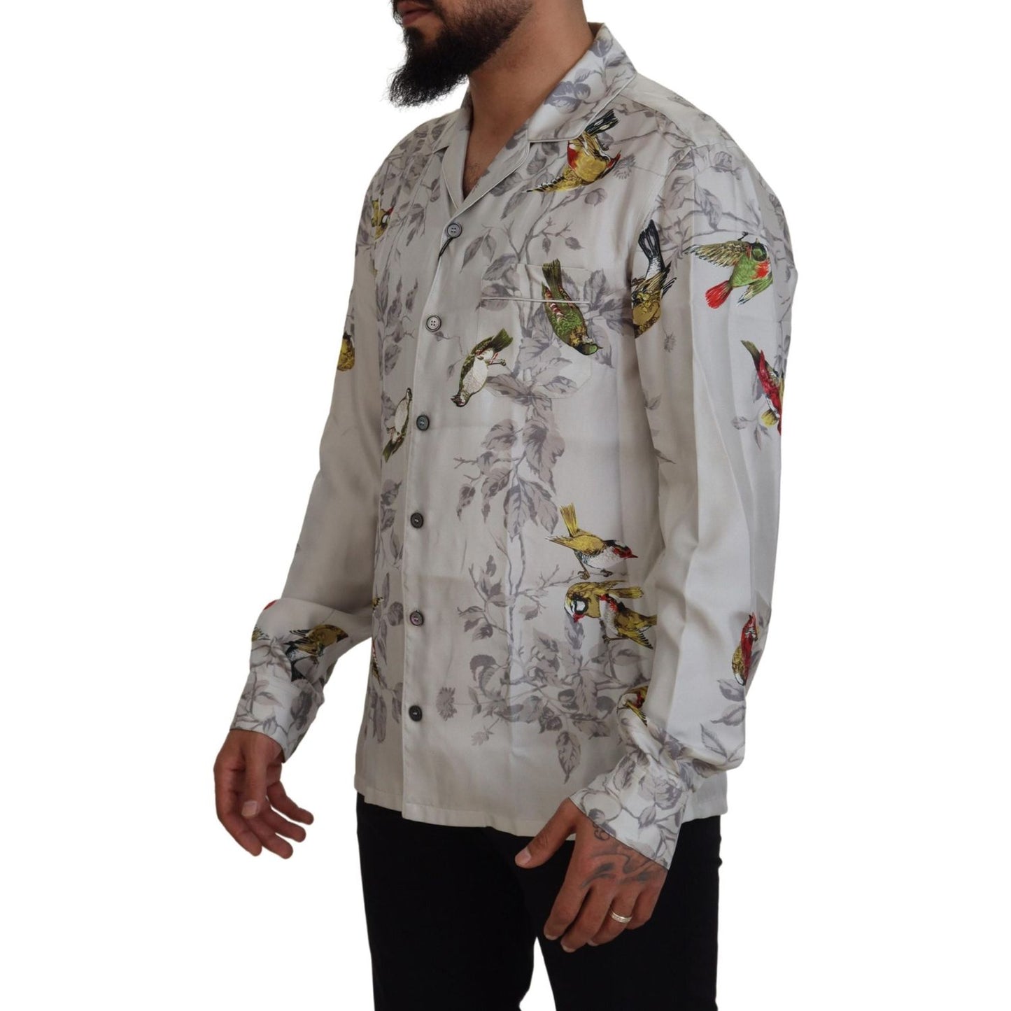 Dolce & Gabbana White Bird Print Silk Satin Casual Shirt