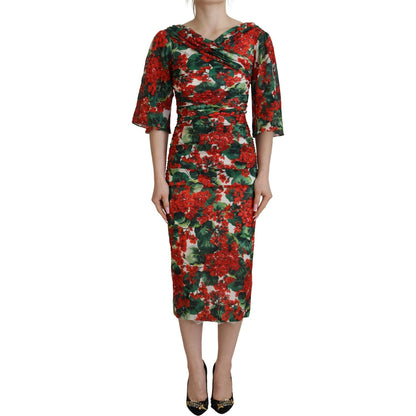 Dolce & Gabbana Multicolor Geranium Silk Sheath Midi Dress