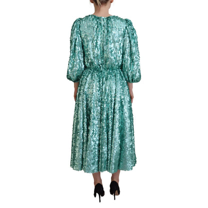 Dolce & Gabbana Blue Sequined Pleated Aline Midi Nylon Dress