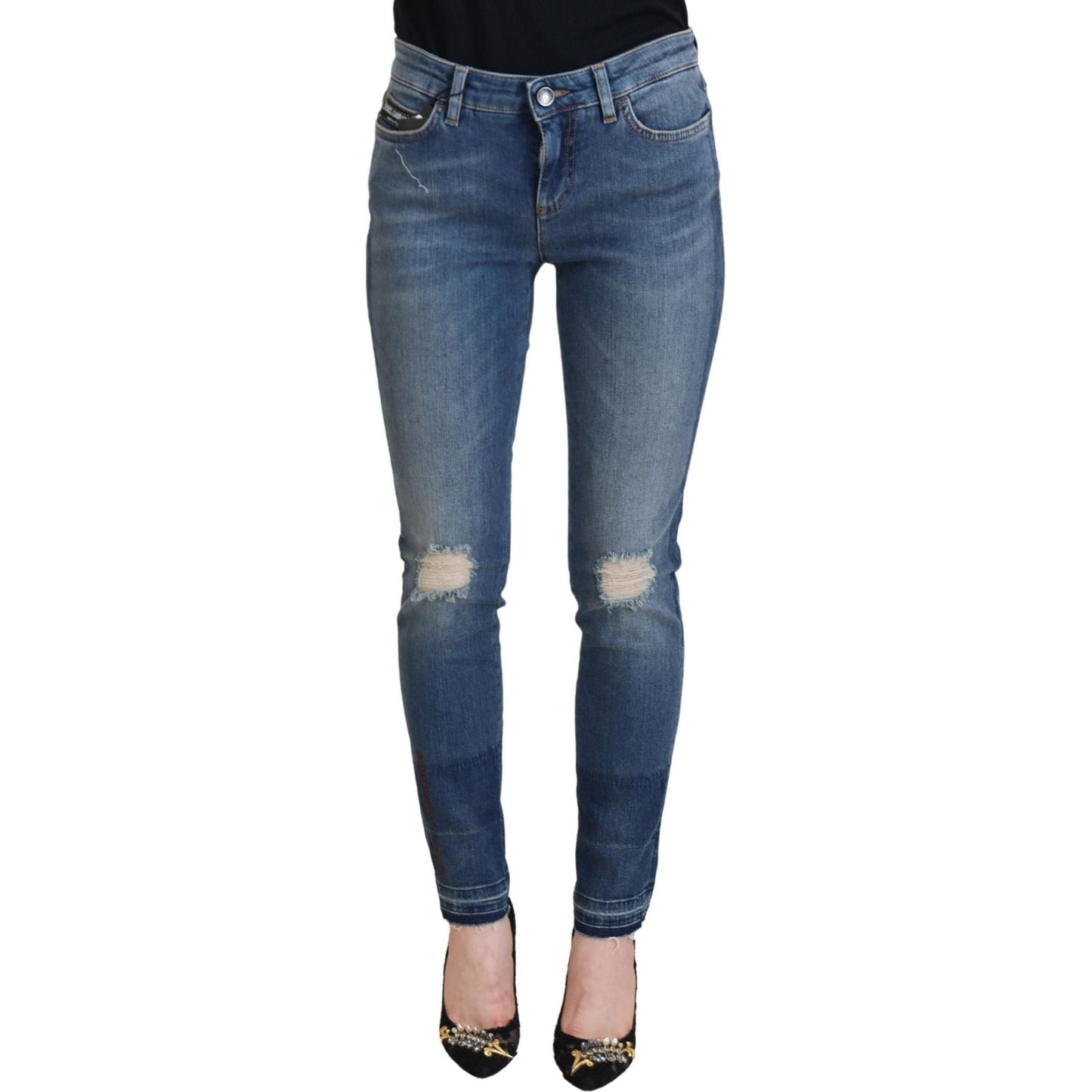 Dolce & Gabbana Blue Washed Cotton Tattered Denim Jeans