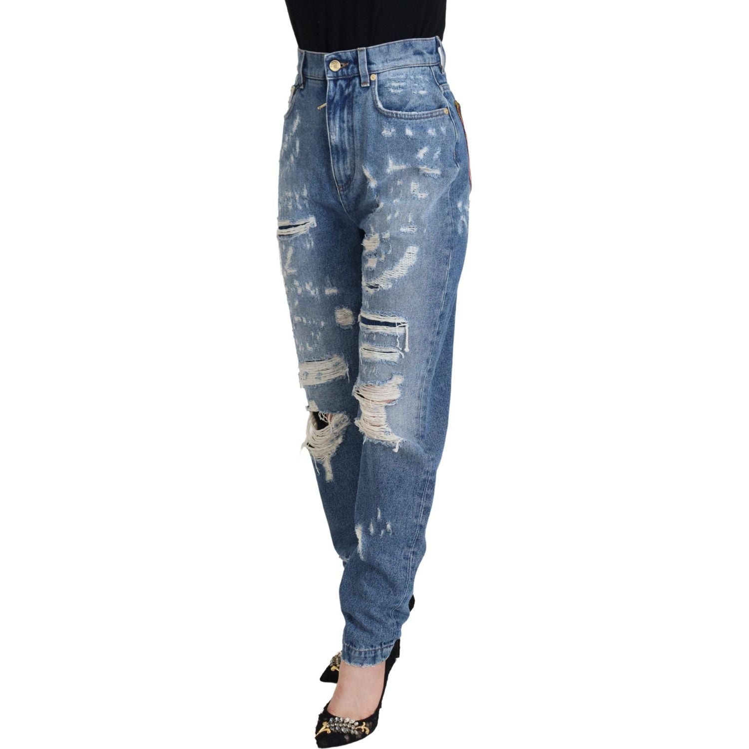 Dolce & Gabbana Blue Washed Cotton Tattered Denim Jeans