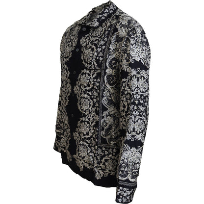 Dolce & Gabbana Blue Silk Floral Baroque Satin Casual Shirt