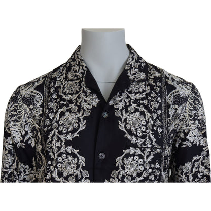 Dolce & Gabbana Blue Silk Floral Baroque Satin Casual Shirt