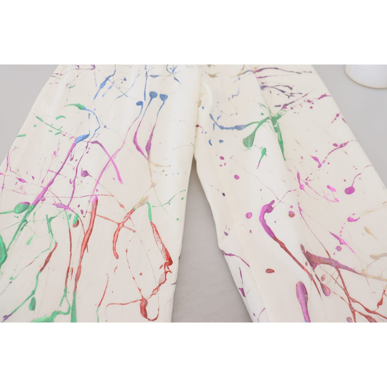 Dolce & Gabbana White Cotton Color Splash Print Denim Pants
