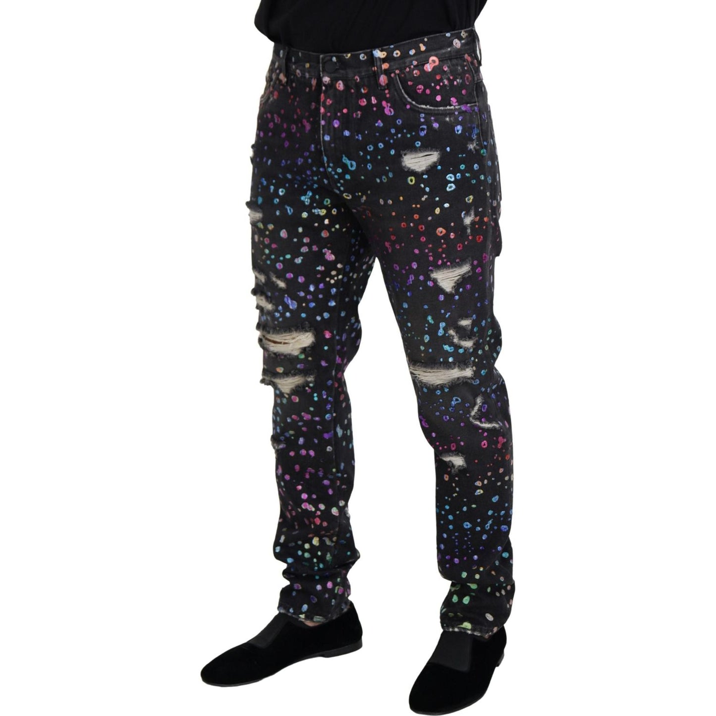 Dolce & Gabbana Black Multicolor Print Tattered Denim Jeans