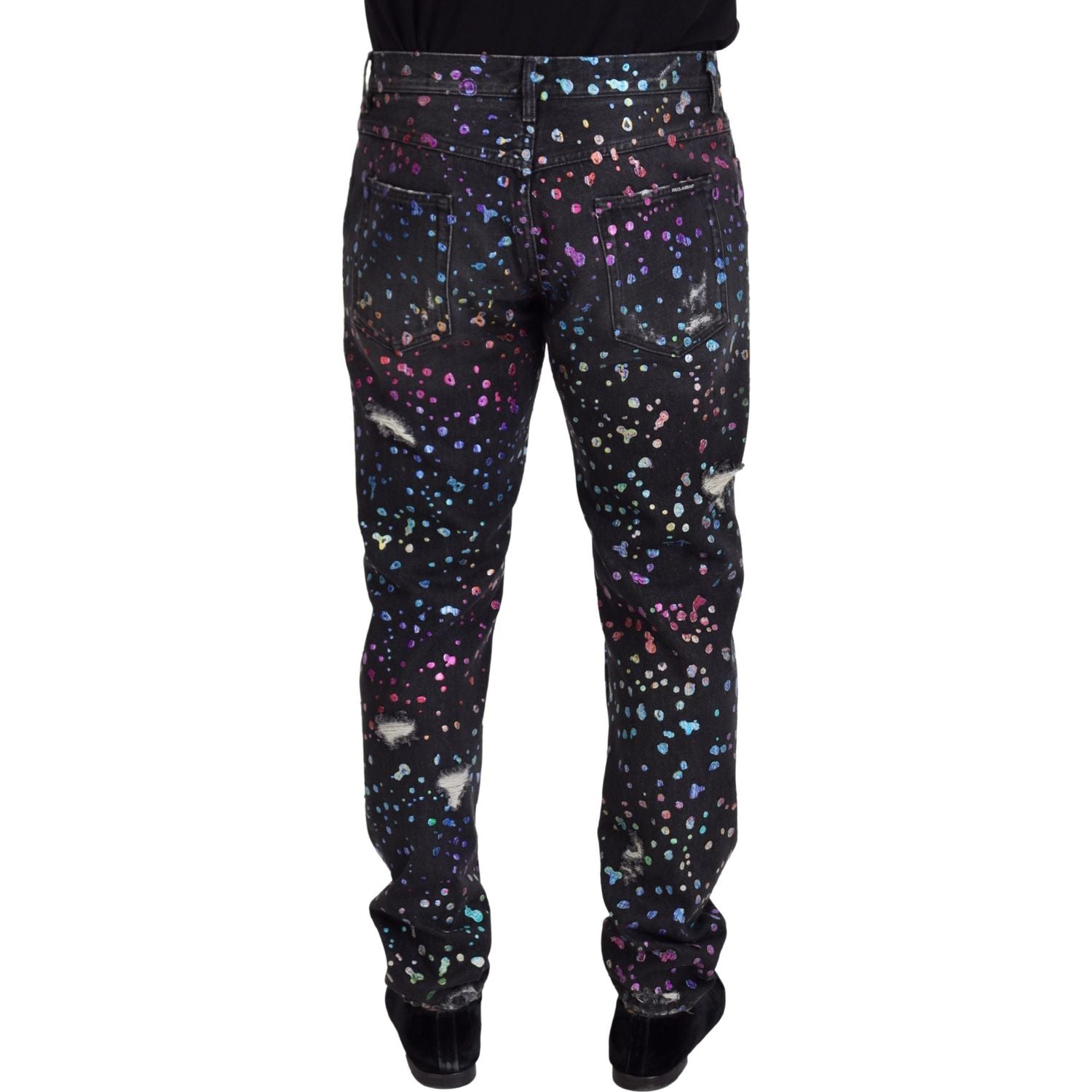 Dolce & Gabbana Black Multicolor Print Tattered Denim Jeans