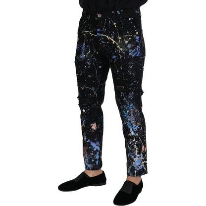 Dolce & Gabbana Black Cotton Color Splash Print Denim Jeans