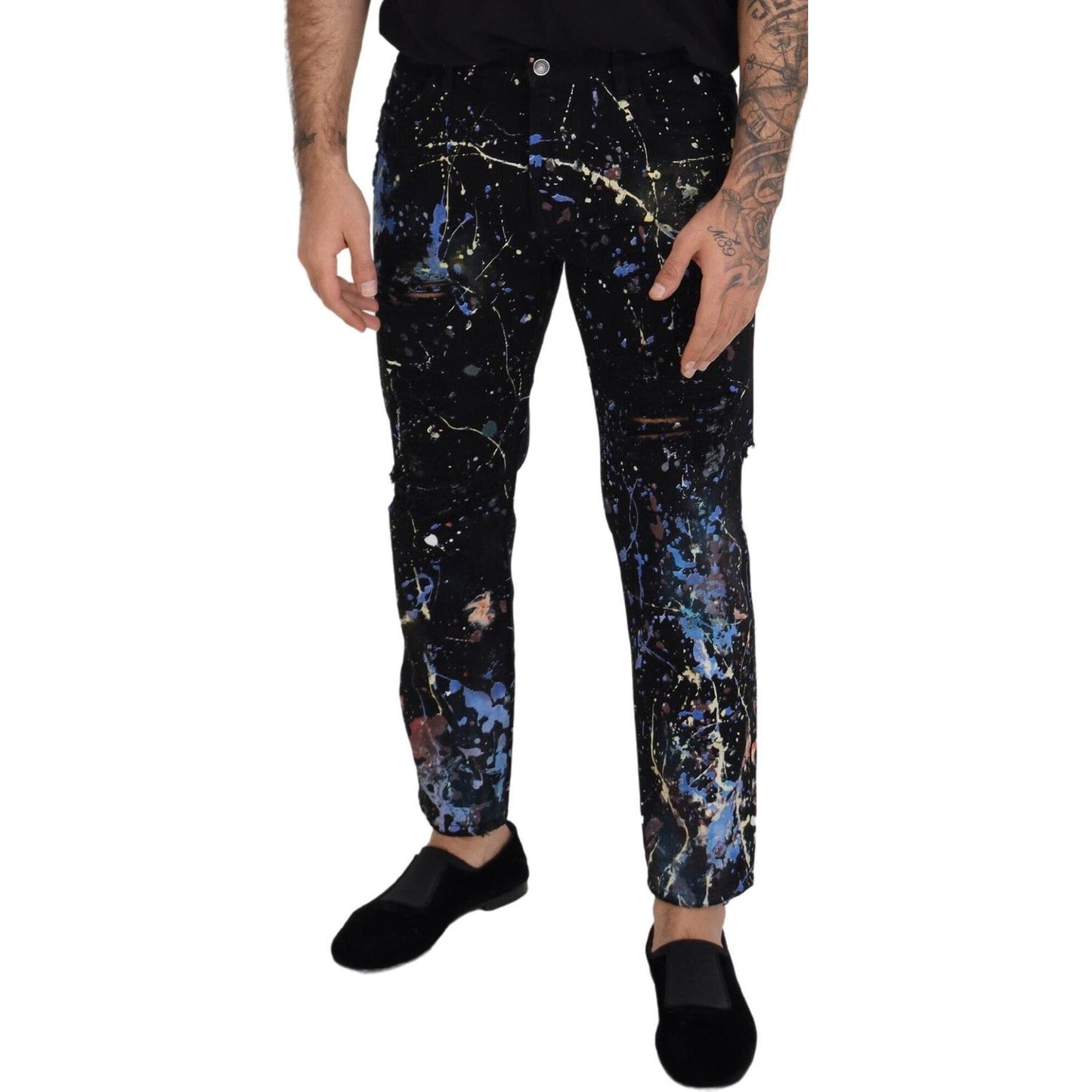 Dolce & Gabbana Black Cotton Color Splash Print Denim Jeans