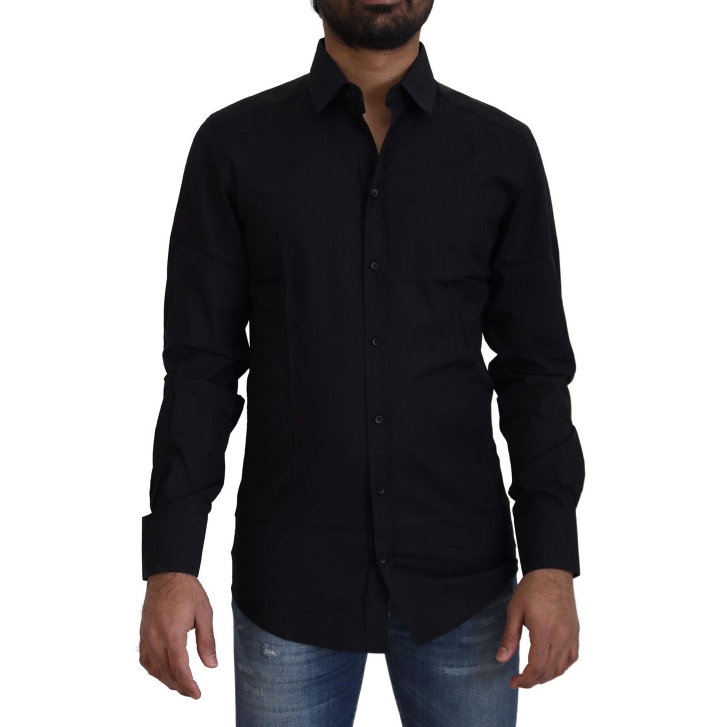 Dolce & Gabbana Black Cotton Slim Fit Formal Dress GOLD Shirt Dolce & Gabbana