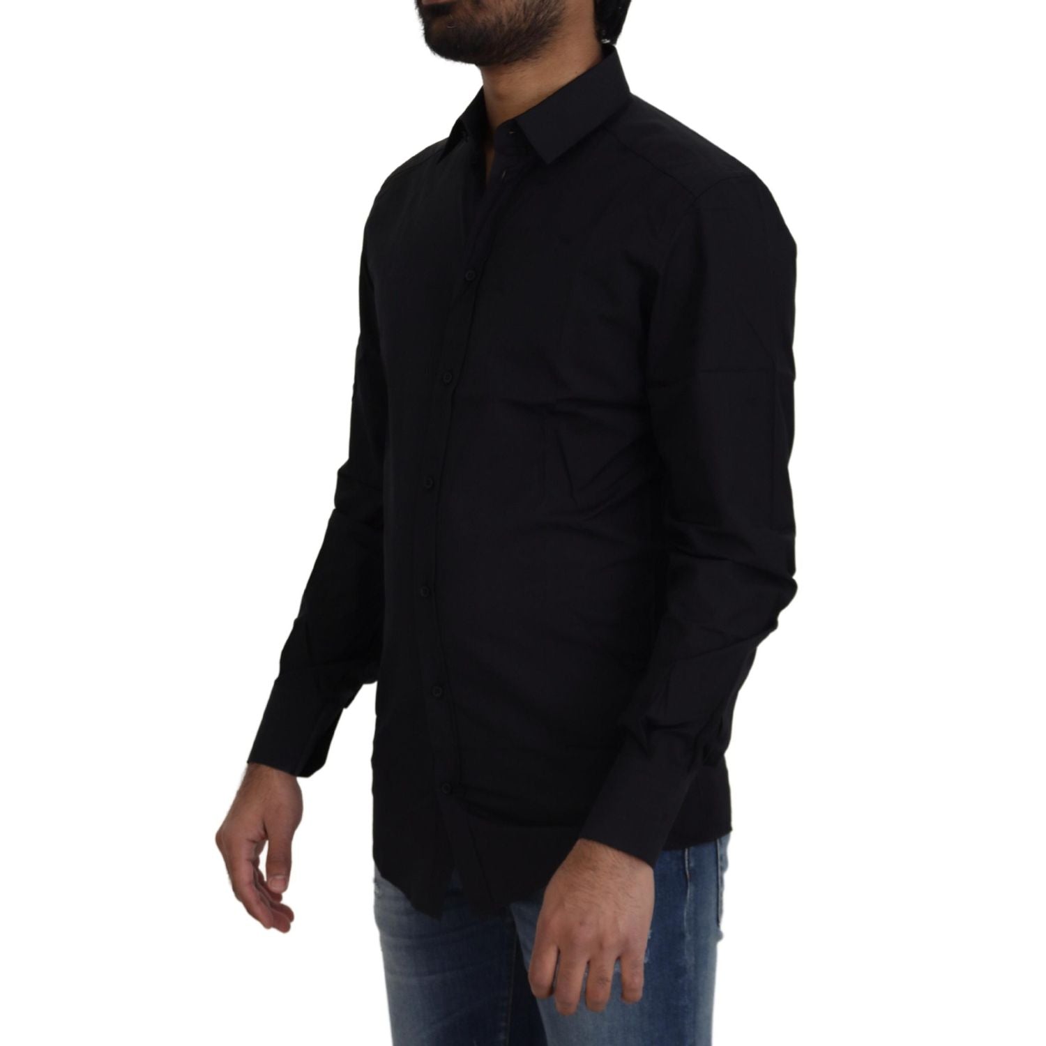 Dolce & Gabbana Black Cotton Slim Fit Formal Dress GOLD Shirt