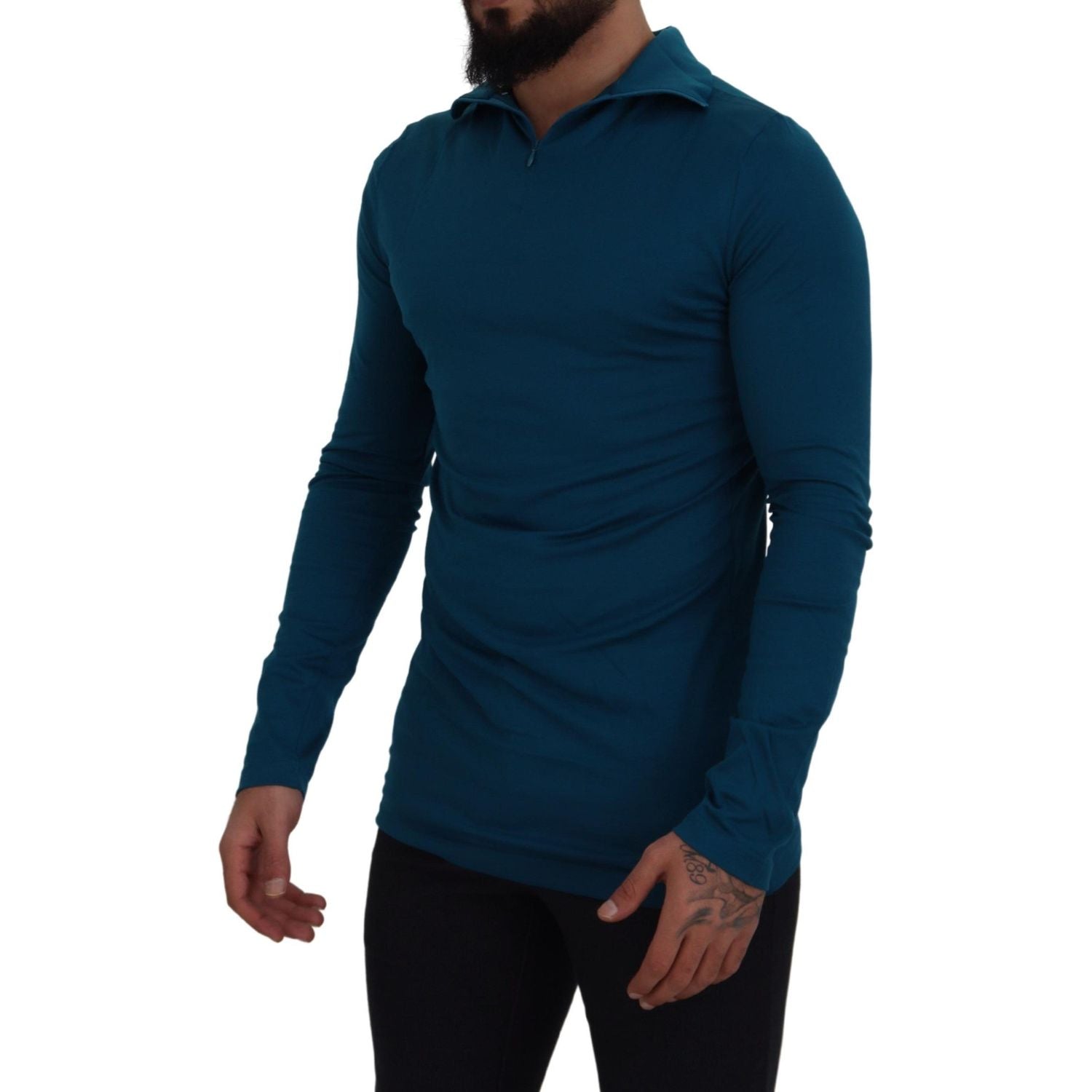Dolce & Gabbana Blue Cotton Collared Slim Pullover Sweater