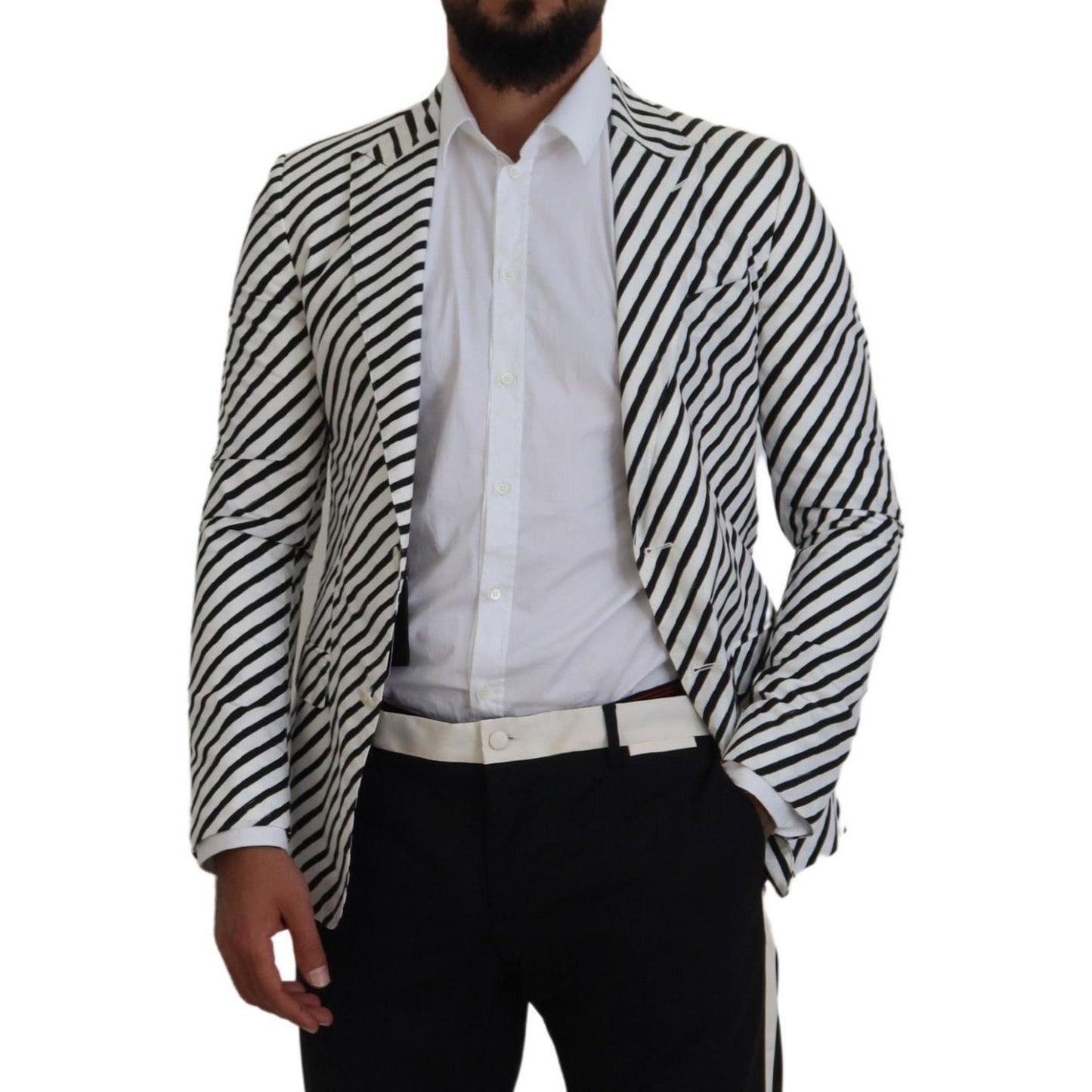 Dolce & Gabbana White Black Striped Slim Fit Jacket Blazer