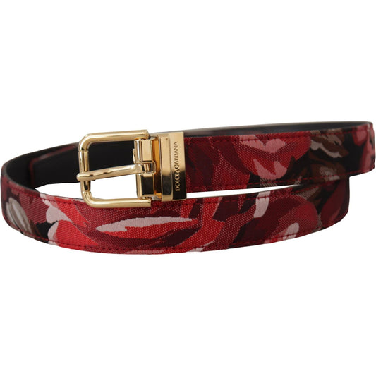 Dolce & Gabbana Red Jacquard Rose Leather Gold Metal Buckle Belt BEL8419- 90