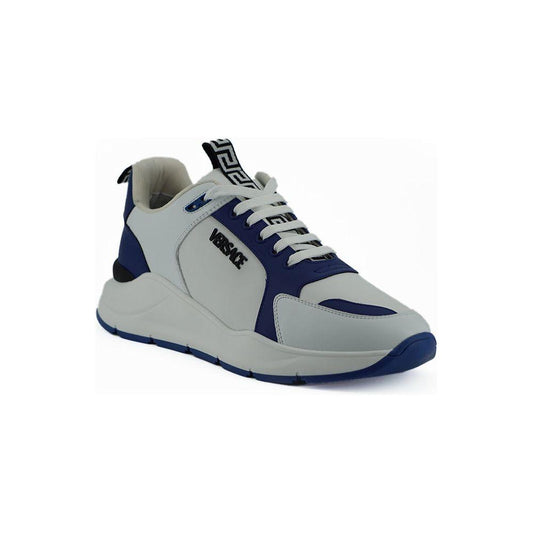 Versace Elegant Blue and White Leather Sneakers 8054712372629