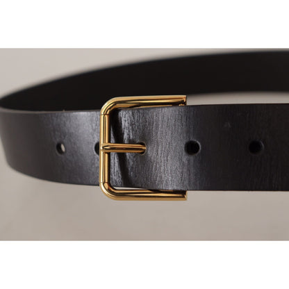 Dolce & Gabbana Black Calf Leather Gold Tone Logo Metal Buckle Belt