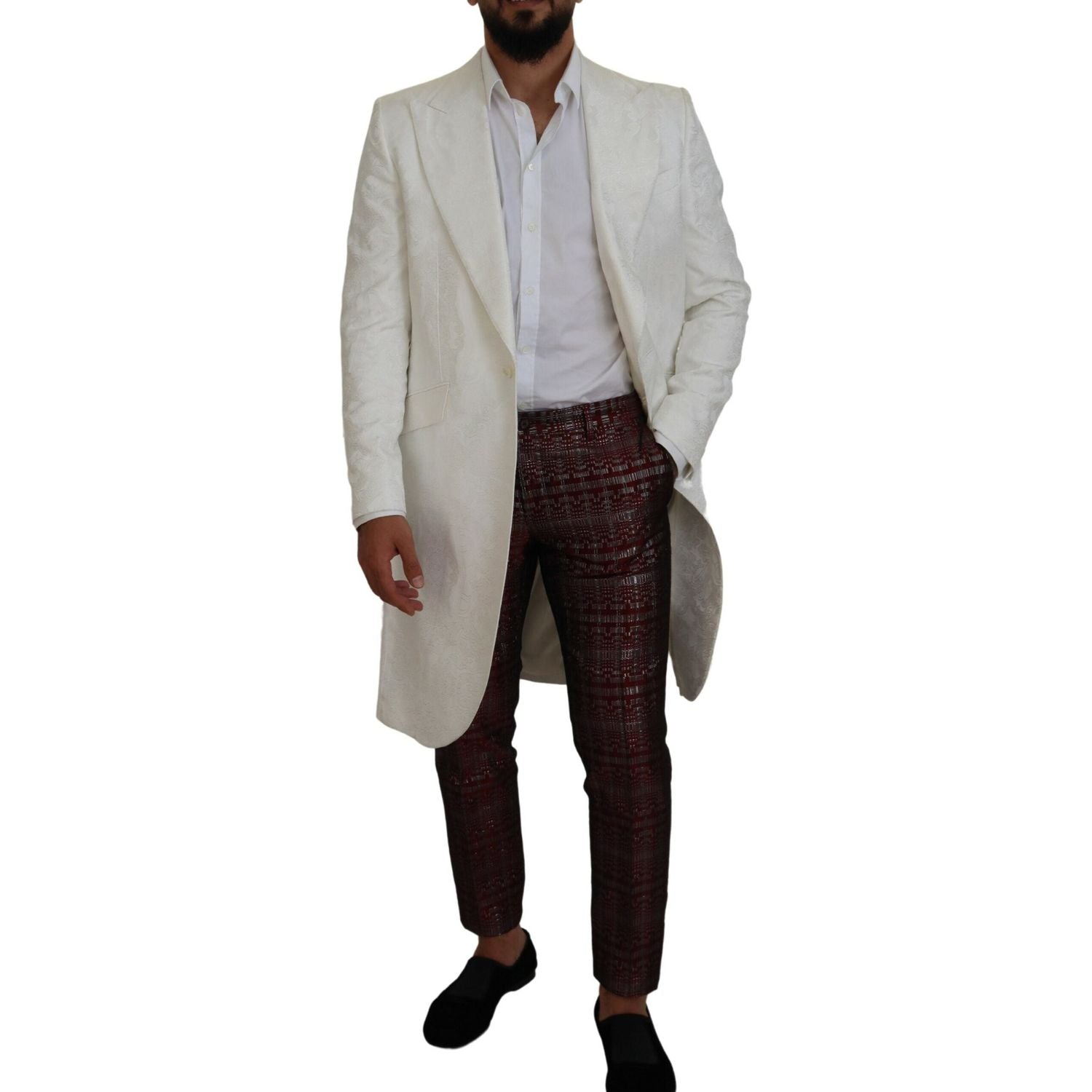 Dolce & Gabbana White Floral Brocade Trench Coat Jacket