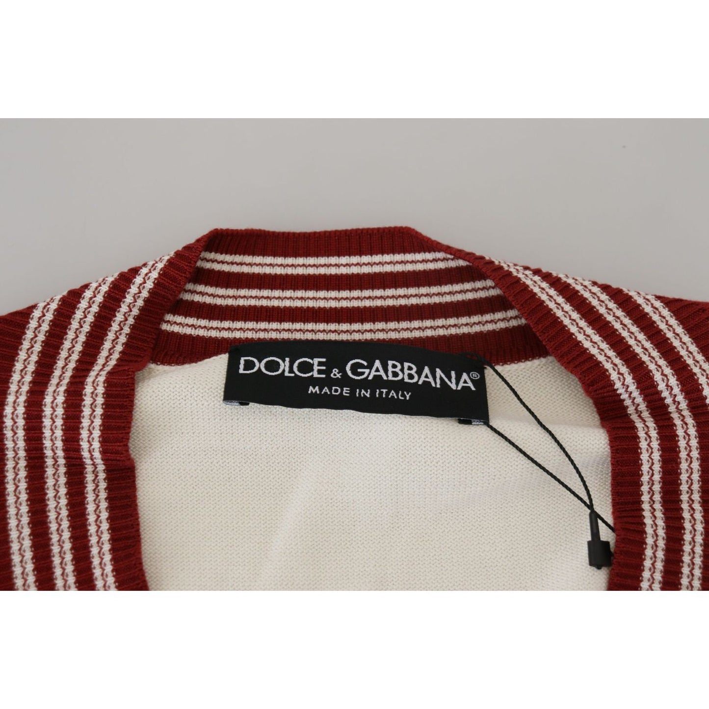 Dolce & Gabbana White Red Knitted V-neck Pullover Sweater