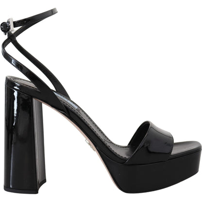 Prada Black Patent Sandals Ankle Strap Heels Leather