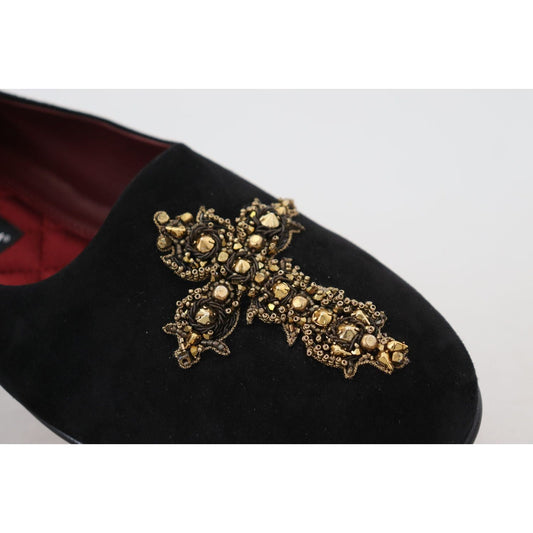 Dolce & Gabbana Black Suede Gold Cross Slip On Loafers Shoes MV4881- 39.5