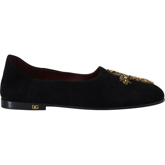 Dolce & Gabbana Black Suede Gold Cross Slip On Loafers Shoes MV4881- 39.5