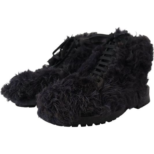 Dolce & Gabbana Black Leather Combat Shearling Boots Shoes MV4924- 42