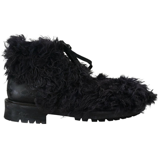Dolce & Gabbana Black Leather Combat Shearling Boots Shoes MV4924- 42