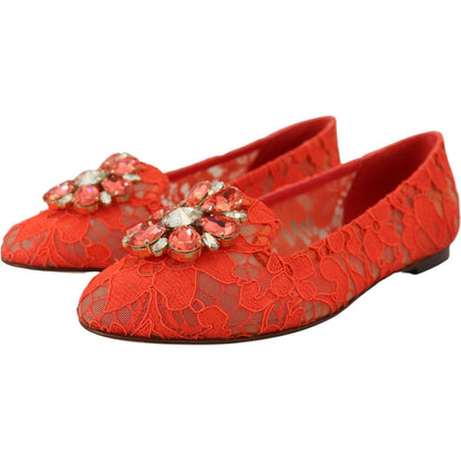Dolce & Gabbana Red Taormina Lace Crystals Ballet Flats Shoes