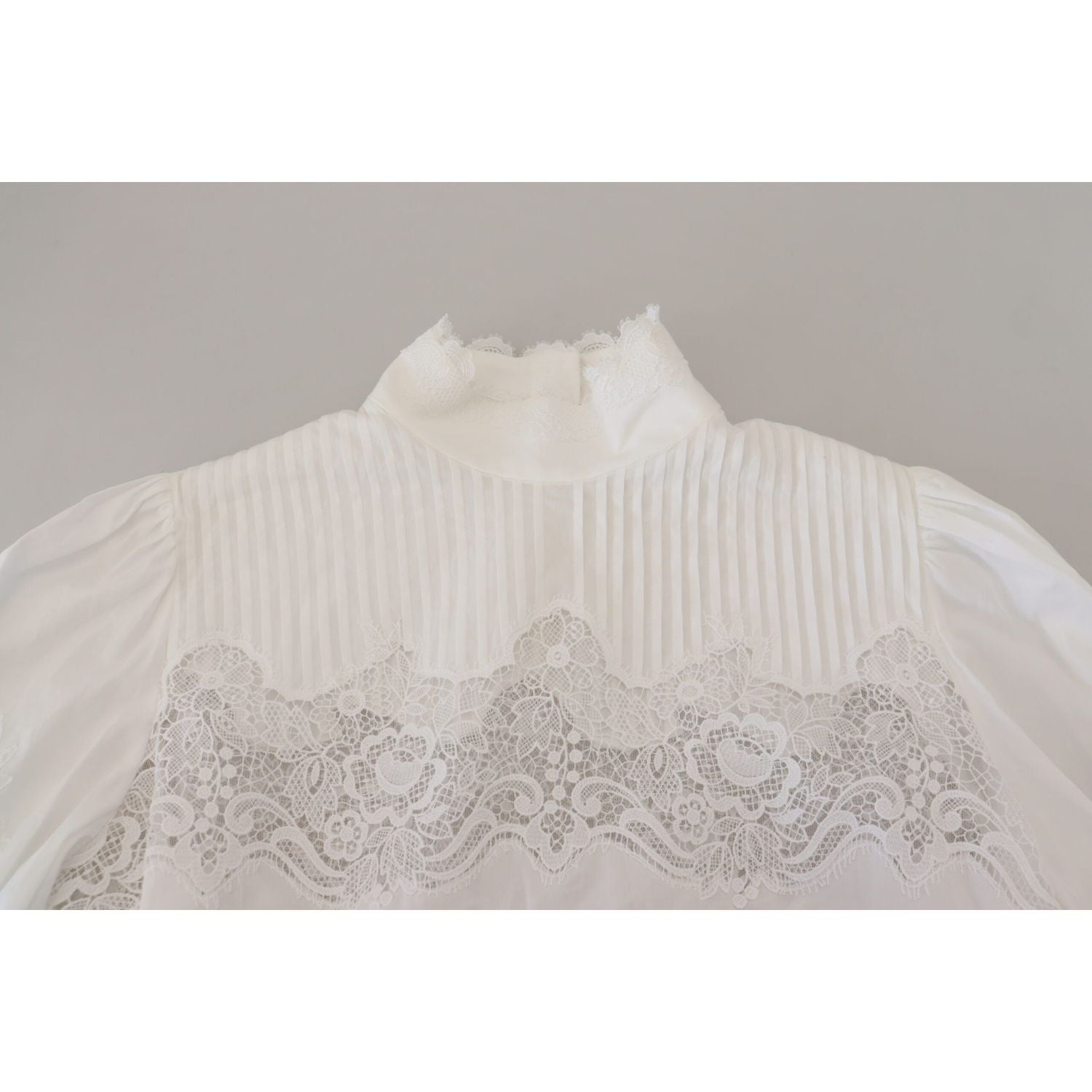 Dolce & Gabbana White Cotton Lace Trim Turtle Neck Blouse Top