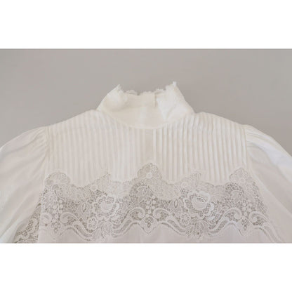 Dolce & Gabbana White Cotton Lace Trim Turtle Neck Blouse Top