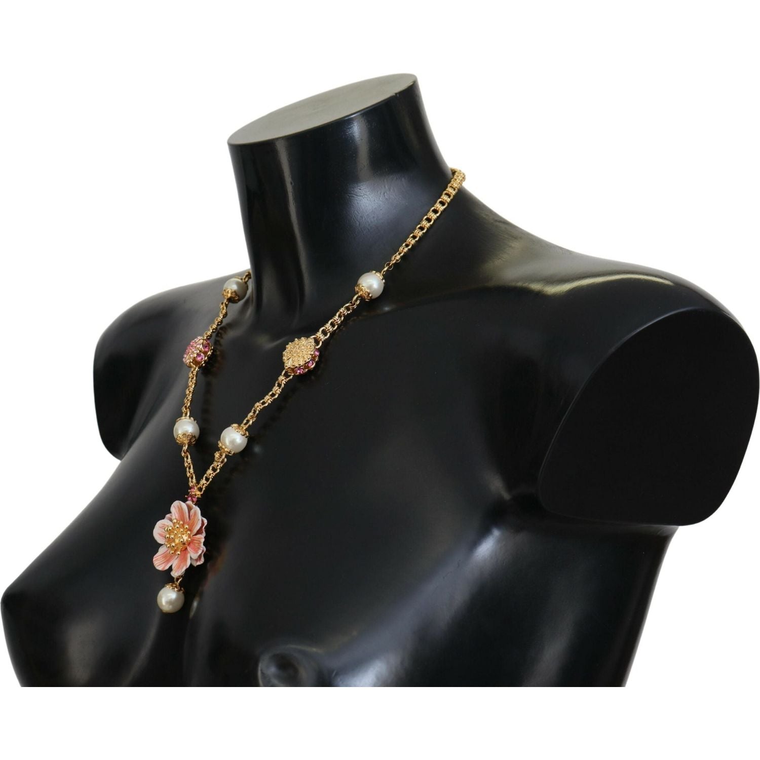 Dolce & Gabbana Gold Tone Floral Crystals Pink Embellished Necklace