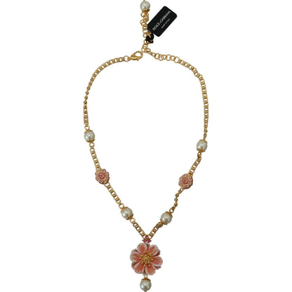 Dolce & Gabbana Gold Tone Floral Crystals Pink Embellished Necklace Necklace