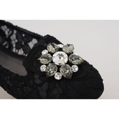 Dolce & Gabbana Black Taormina Lace Crystals Flats Shoes