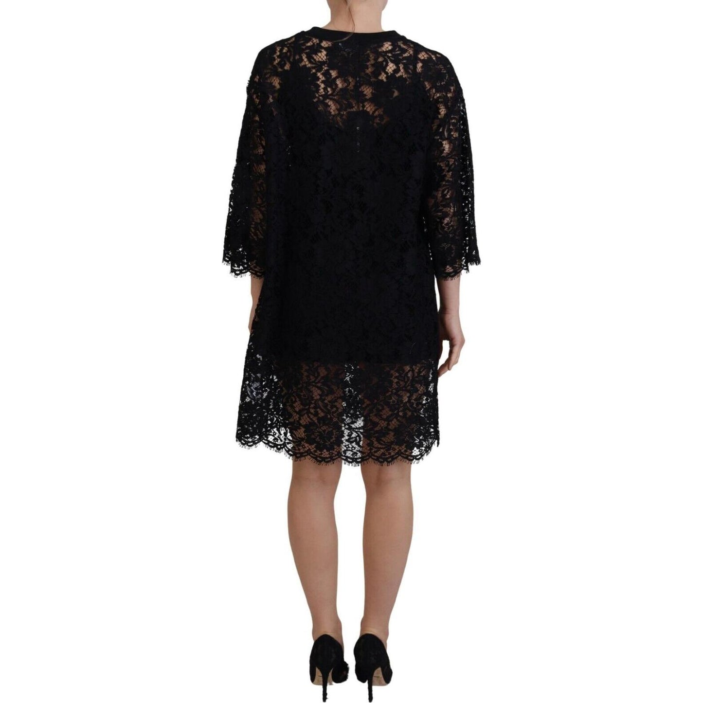 Dolce & Gabbana Black Floral Lace Cotton Shift Mini Dress