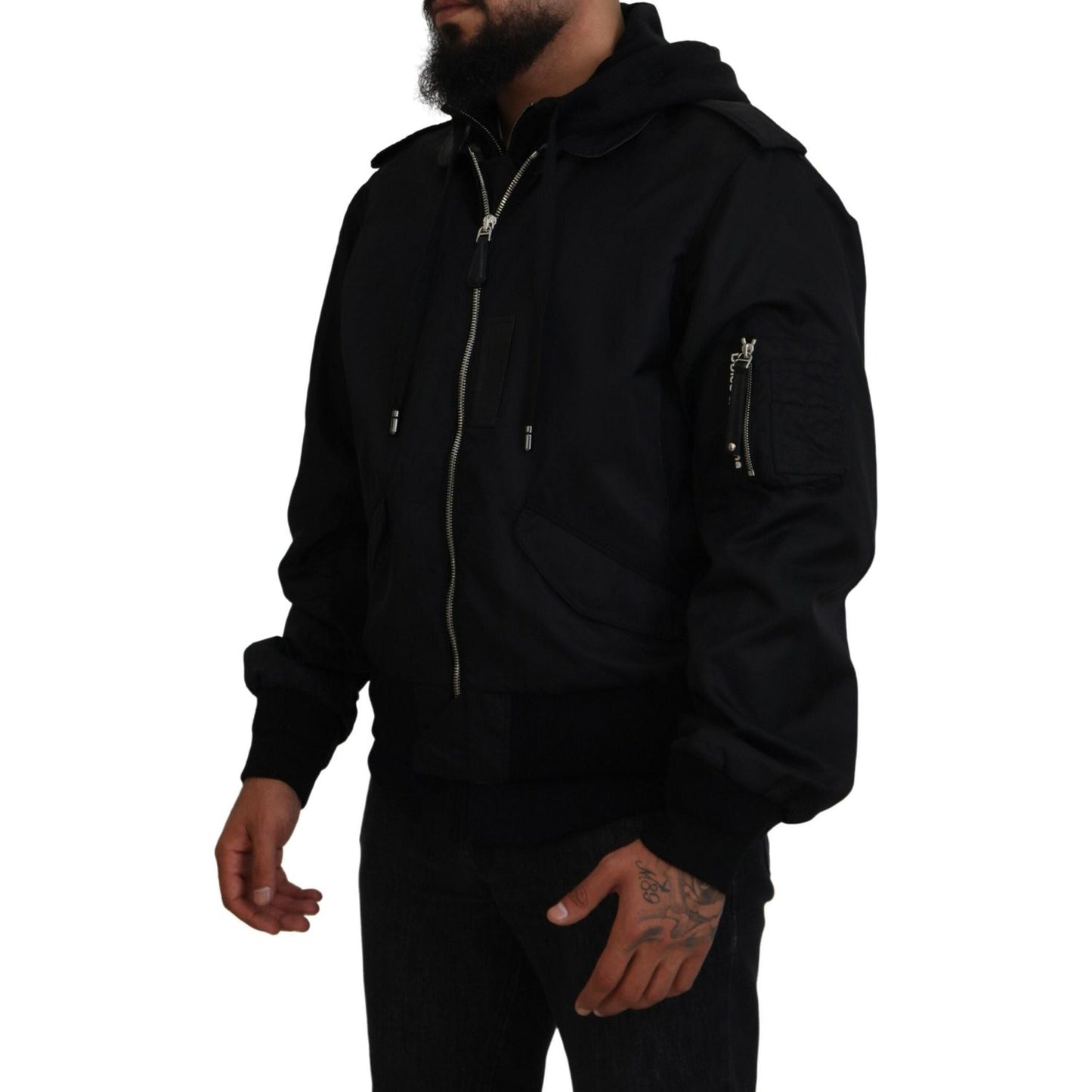 Dolce & Gabbana Black Nylon Hooded Full Zip Men Coat Jacket