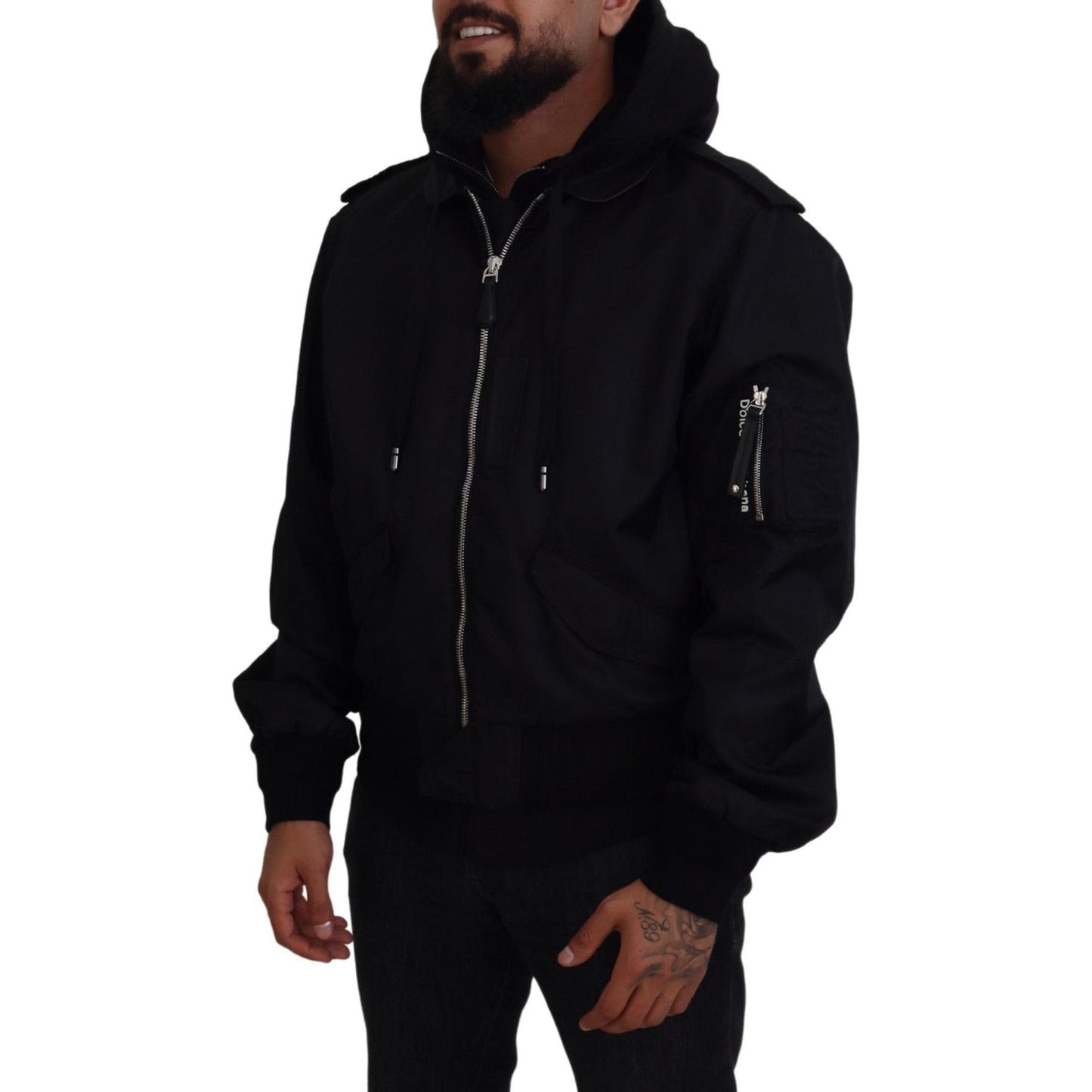Dolce & Gabbana Black Nylon Hooded Full Zip Men Coat Jacket