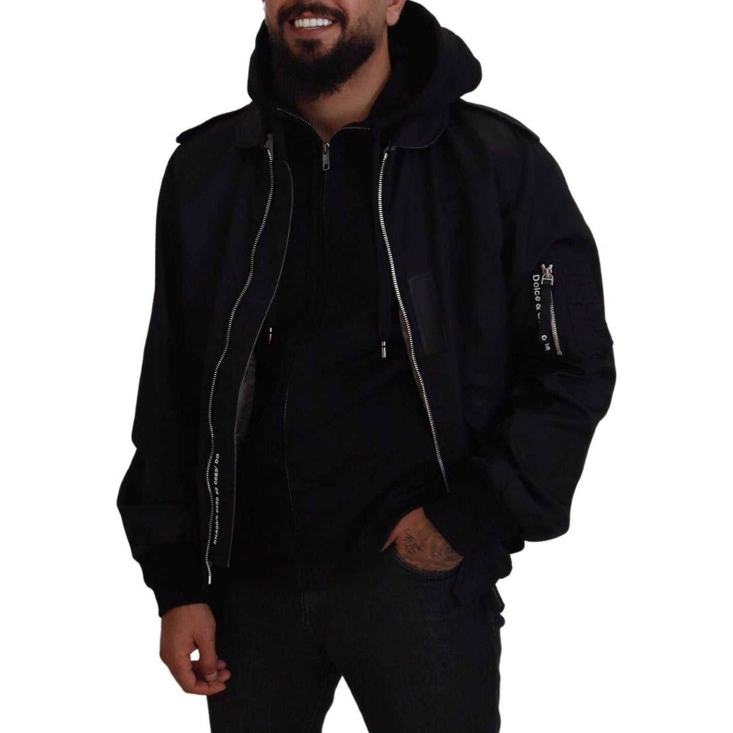 Dolce & Gabbana Black Nylon Hooded Full Zip Men Coat Jacket