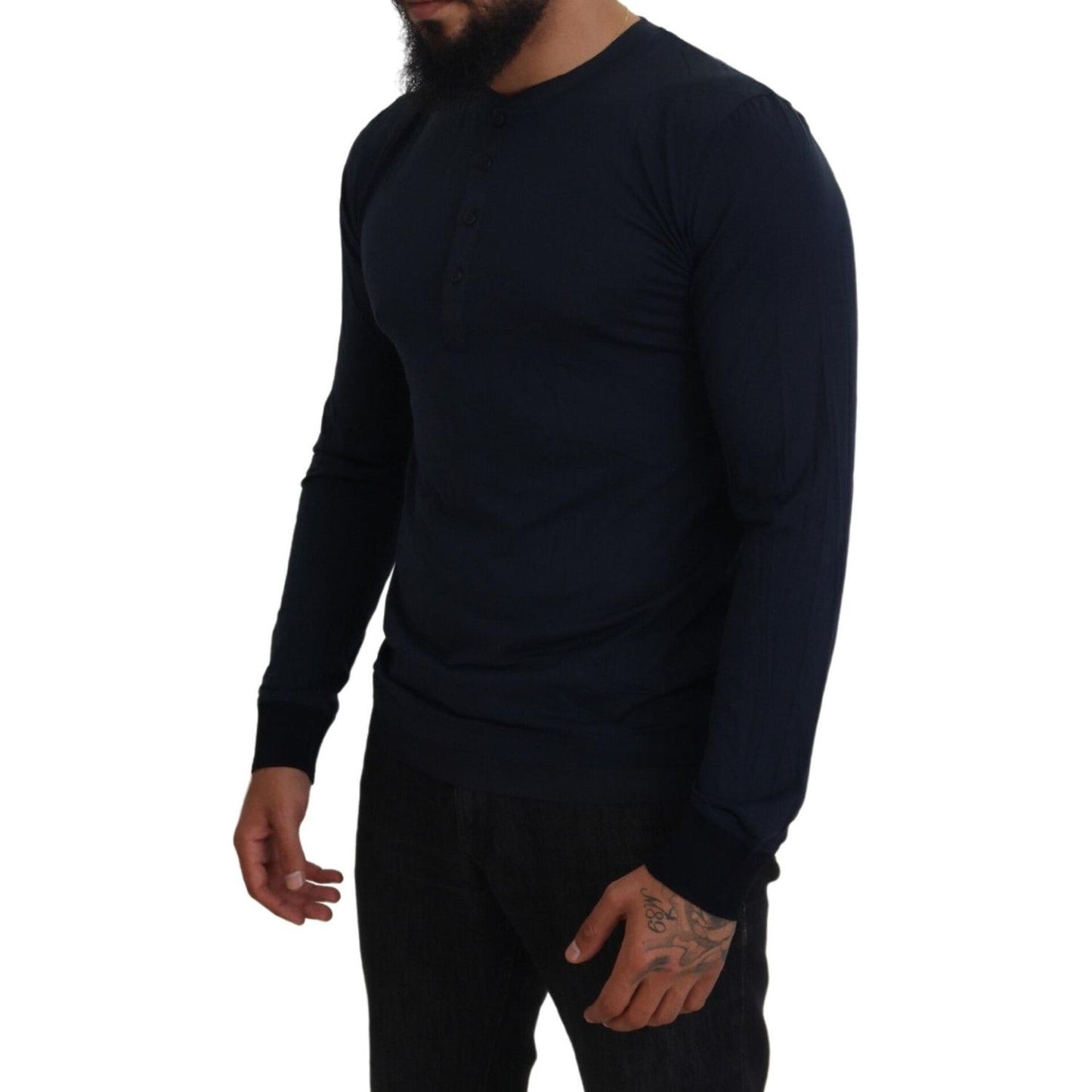 Dolce & Gabbana Blue Cotton Button Crewneck Pullover Sweater TSH84059-46