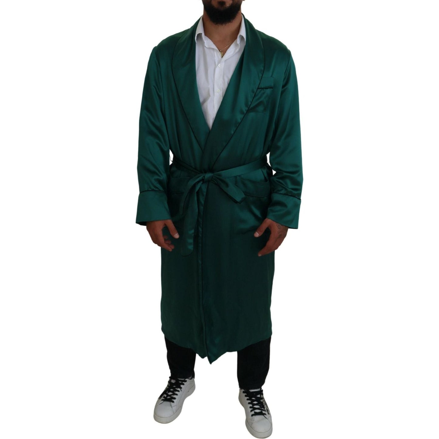 Dolce & Gabbana Green Silk Waist Belt Robe Sleepwear