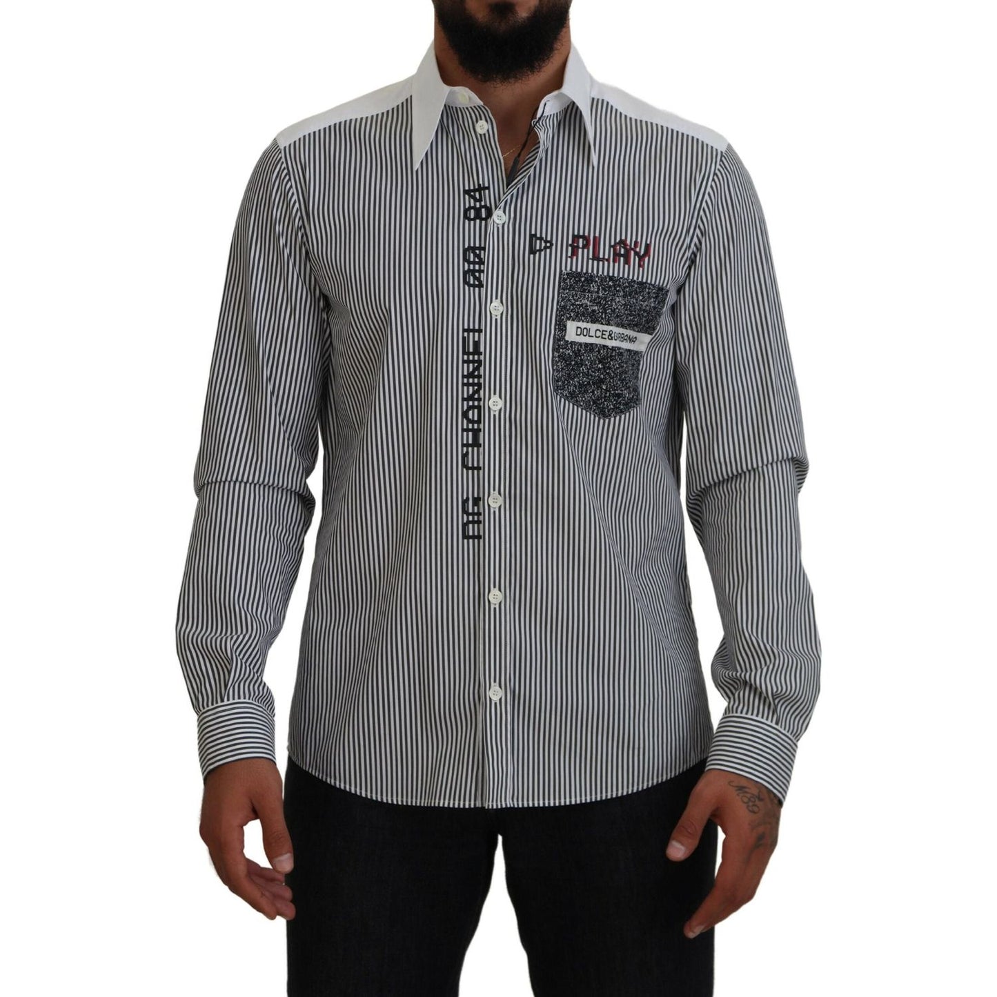 Dolce & Gabbana Black White Striped Printed Casual Cotton Shirt Dolce & Gabbana