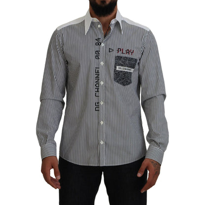 Dolce & Gabbana Black White Striped Printed Casual Cotton Shirt Dolce & Gabbana