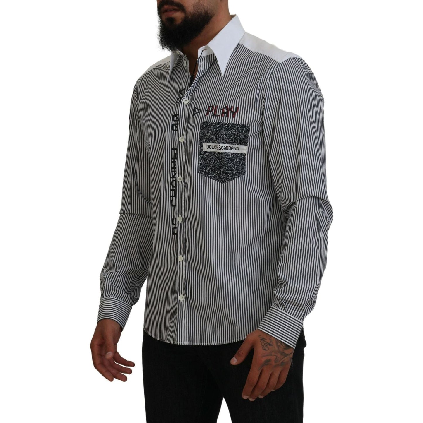 Dolce & Gabbana Black White Striped Printed Casual Cotton Shirt Dolce & Gabbana