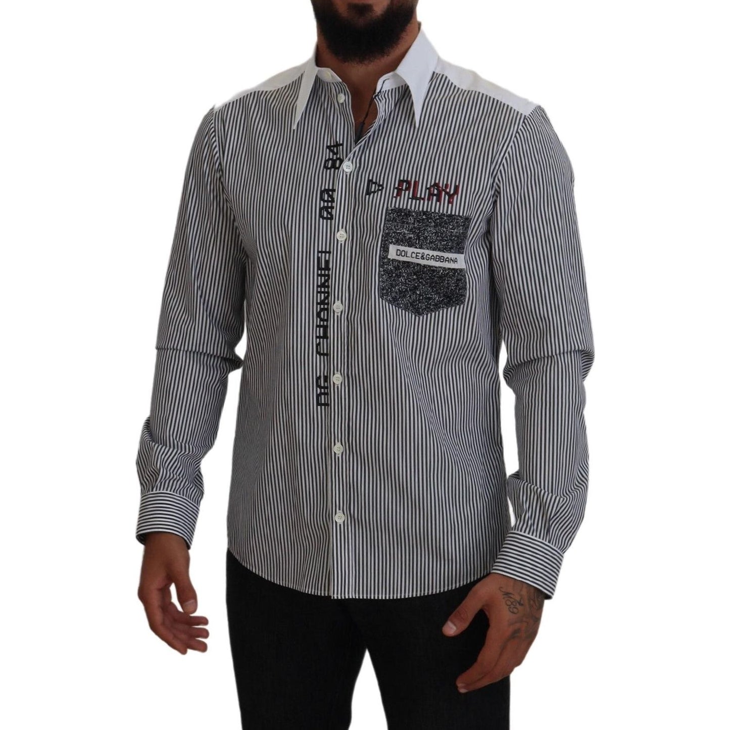 Dolce & Gabbana Black White Striped Printed Casual Cotton Shirt Dolce & Gabbana