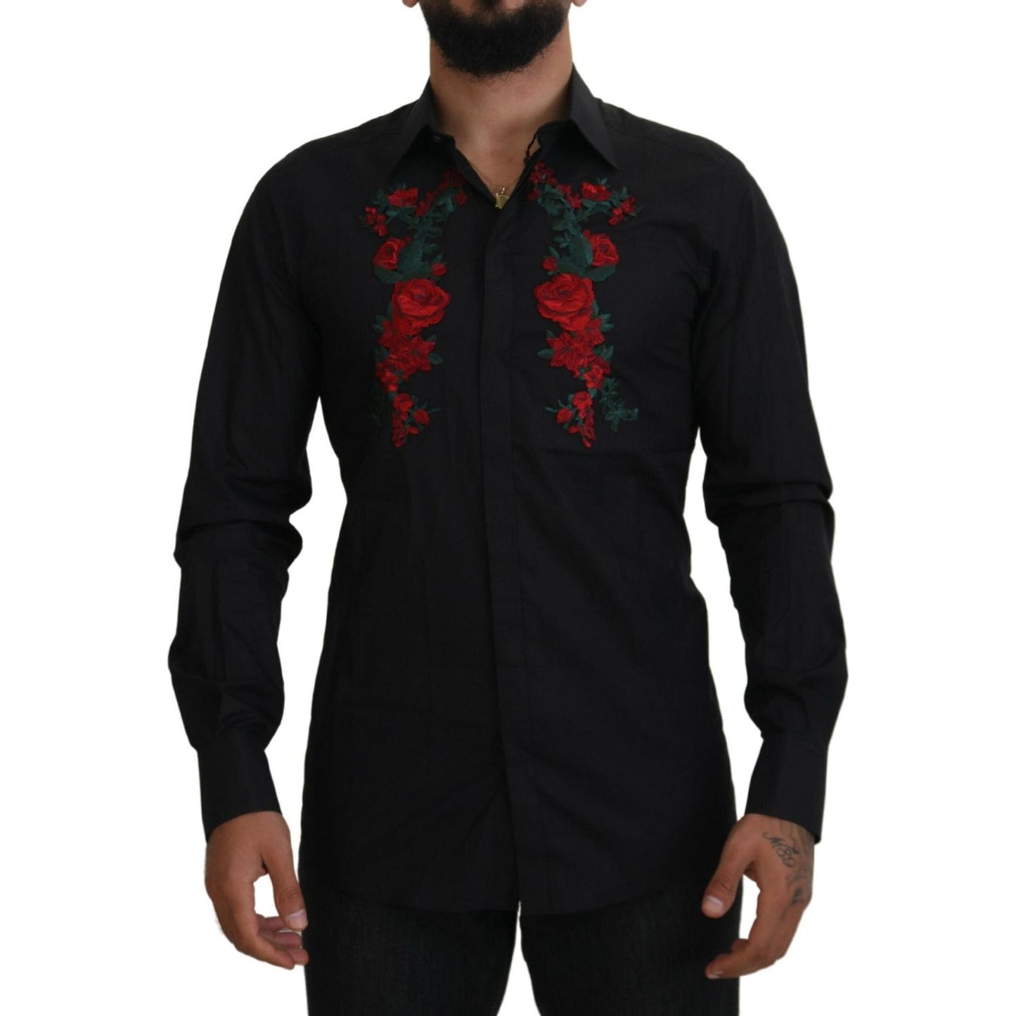 Dolce & Gabbana Black Floral Embroidery Men Long Sleeves GOLD Shirt Dolce & Gabbana