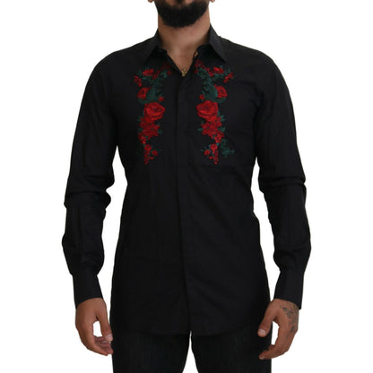 Dolce & Gabbana Black Floral Embroidery Men Long Sleeves GOLD Shirt Dolce & Gabbana