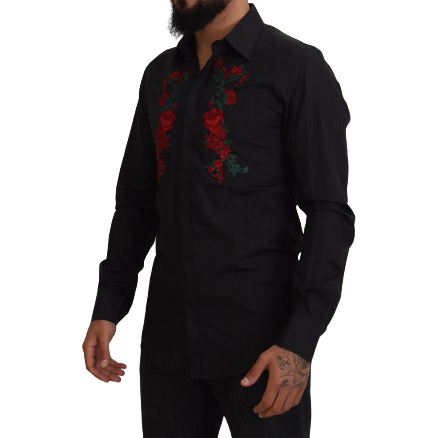 Dolce & Gabbana Black Floral Embroidery Men Long Sleeves GOLD Shirt Dolce & Gabbana